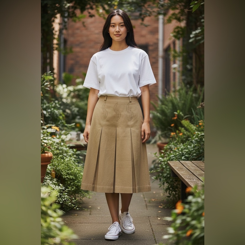 Vintage Herno Wool A-Line Pleated Midi-Skirt in a Camel Tan Western Size 42 US 4